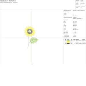Puede incluir: Una hoja de trabajo de producci&oacute;n para un dise&ntilde;o de bordado de girasol. El dise&ntilde;o incluye 4.765 puntadas, 3 colores y una longitud total de hilo de 27,65 metros. El dise&ntilde;o tiene 73,2 mm de alto y 50,3 mm de ancho.