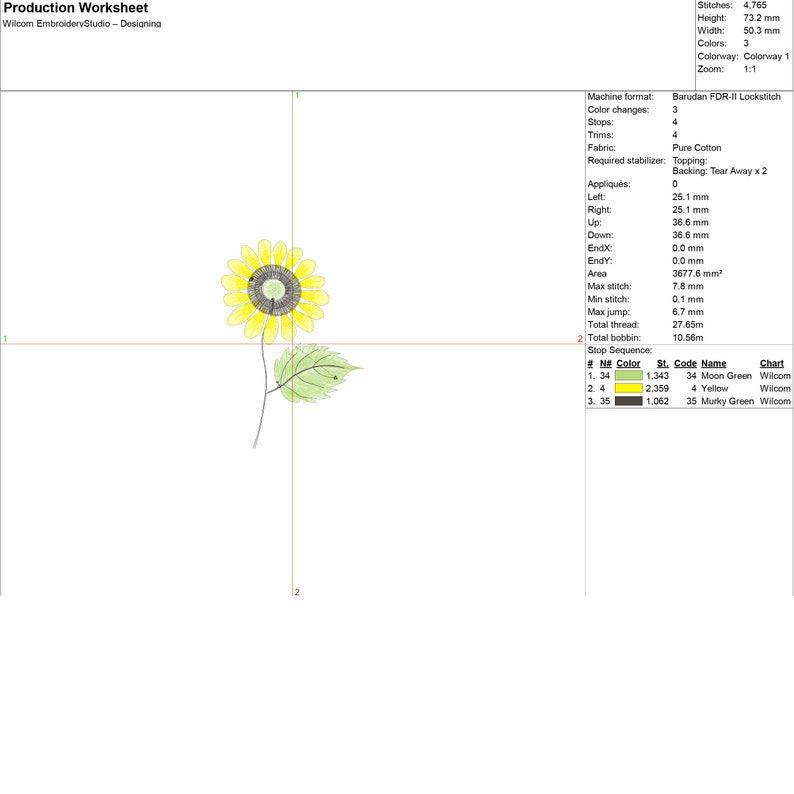 Puede incluir: Una hoja de trabajo de producci&oacute;n para un dise&ntilde;o de bordado de girasol. El dise&ntilde;o incluye 4.765 puntadas, 3 colores y una longitud total de hilo de 27,65 metros. El dise&ntilde;o tiene 73,2 mm de alto y 50,3 mm de ancho.