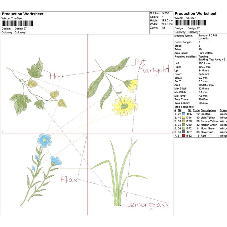 Puede incluir: Una hoja de trabajo de producci&oacute;n para un dise&ntilde;o de bordado a m&aacute;quina que presenta cinco plantas diferentes: l&uacute;pulo, cal&eacute;ndula, lino, hierba lim&oacute;n y una quinta planta con una flor azul. La hoja de trabajo incluye el nombre del dise&ntilde;o, la gama de colores, el n&uacute;mero de puntadas, el n&uacute;mero de colores y una lista de los colores de hilo utilizados.