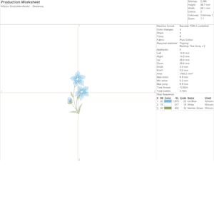 Puede incluir: Un dise&ntilde;o de bordado digital que presenta una flor azul con hojas verdes. El dise&ntilde;o tiene 7,1 cm de ancho y 14,5 cm de alto. El dise&ntilde;o incluye tres colores: azul hielo, blanco y verde marciano.