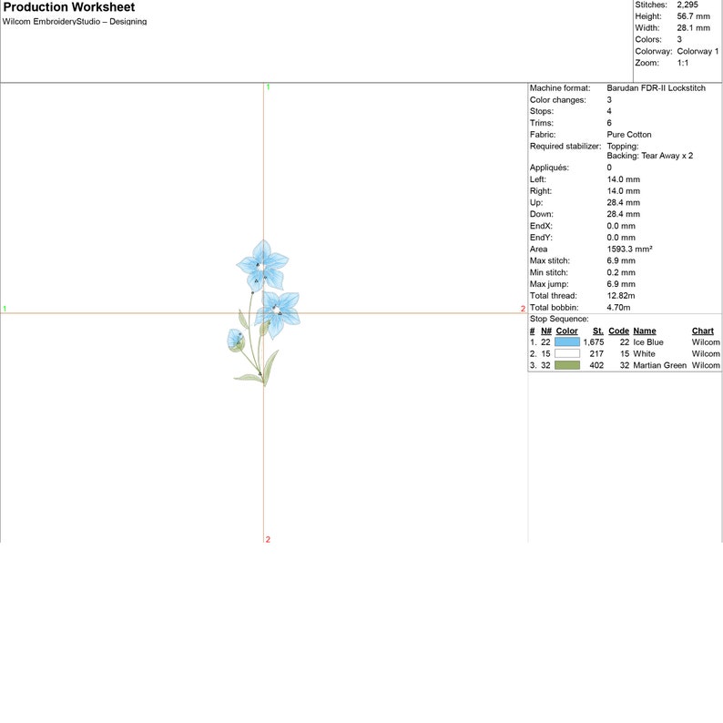 Puede incluir: Un dise&ntilde;o de bordado digital que presenta una flor azul con hojas verdes. El dise&ntilde;o tiene 7,1 cm de ancho y 14,5 cm de alto. El dise&ntilde;o incluye tres colores: azul hielo, blanco y verde marciano.