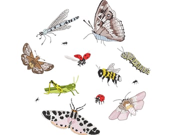 10 Flower Moth Butterfly Insects Bug Dragonfly Naturalist Floral Botanical Garden Machine Embroidery Design Pattern Download ZIP- 3 sizes