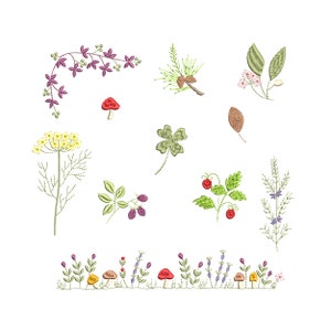 Forest Flower Border Machine Embroidery, Mushroom Floral Botanical Garden Pattern Instant Download ZIP - 4 SIZES