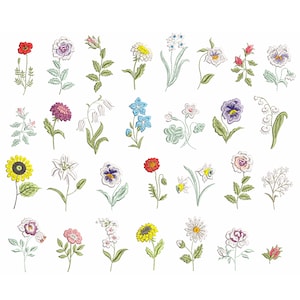 Puede incluir: Una colecci&oacute;n de 30 dise&ntilde;os de flores bordadas en varios colores, incluyendo rojo, amarillo, azul, blanco y morado. Las flores est&aacute;n dispuestas en una cuadr&iacute;cula sobre un fondo blanco.