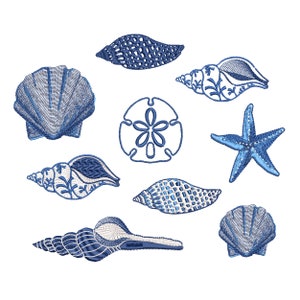 8 Nautical Chinoiserie Seashell Machine Embroidery Design Bundle (Instant Download)- 3 sizes