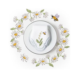 Camomile and Bee Flower Machine Embroidery Design Bundle, Wildflower Pattern Instant Download Zip File embroidered on napkin