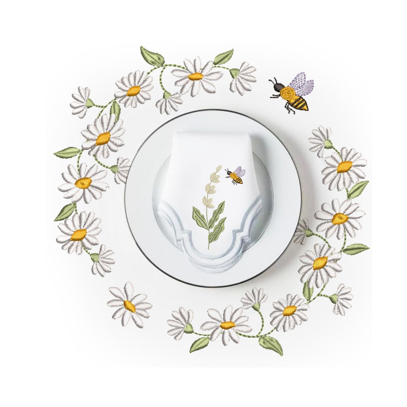 Camomile and Bee Flower Machine Embroidery Design Bundle, Wildflower Pattern Instant Download Zip File embroidered on napkin