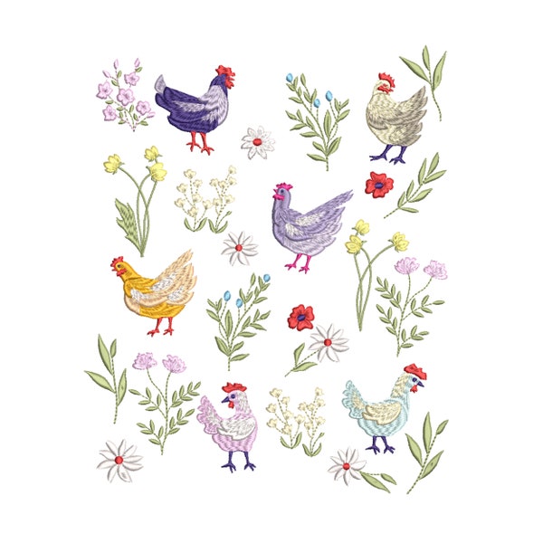 Blume Huhn Maschinenstickerei Designs Bundle, Osterblumen Botanische Wildblumen Muster Instant Download Zip - 5 Größen