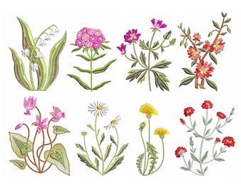 May include: A set of eight embroidered flower designs, featuring a variety of colors and styles. The designs include lilies of the valley, carnations, geraniums, daisies, dandelions, and carnations.