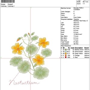 Pu&ograve; includere: Un disegno di ricamo digitale di un fiore di nasturzio con foglie verdi e fiori gialli. Il disegno &egrave; alto 122,3 mm e largo 99,7 mm. Il disegno include 5 colori: verde marziano, verde fantasma, giallo profondo, arancione e rosso.