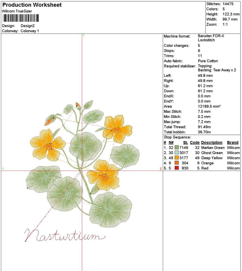 Pu&ograve; includere: Un disegno di ricamo digitale di un fiore di nasturzio con foglie verdi e fiori gialli. Il disegno &egrave; alto 122,3 mm e largo 99,7 mm. Il disegno include 5 colori: verde marziano, verde fantasma, giallo profondo, arancione e rosso.
