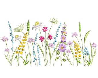 May include: Embroidered design of a field of wildflowers in various colors, including pink, purple, yellow, blue, and white. The flowers are arranged in a row, with green stems and leaves.