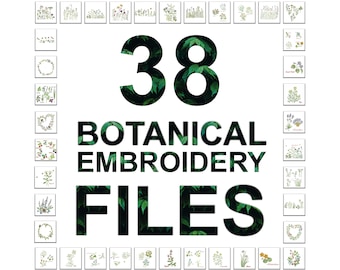 Può includere: Un download digitale di 38 file di ricamo botanico. I file sono mostrati in una griglia di piccoli quadrati, ognuno contenente un diverso disegno floreale. Il testo "38 FILE DI RICAMO BOTANICO" è visualizzato in grandi caratteri grassetto su uno sfondo verde frondoso.