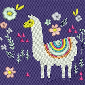 May include: Embroidered white llama with a rainbow design on its back, surrounded by colorful flowers and leaves on a purple background.