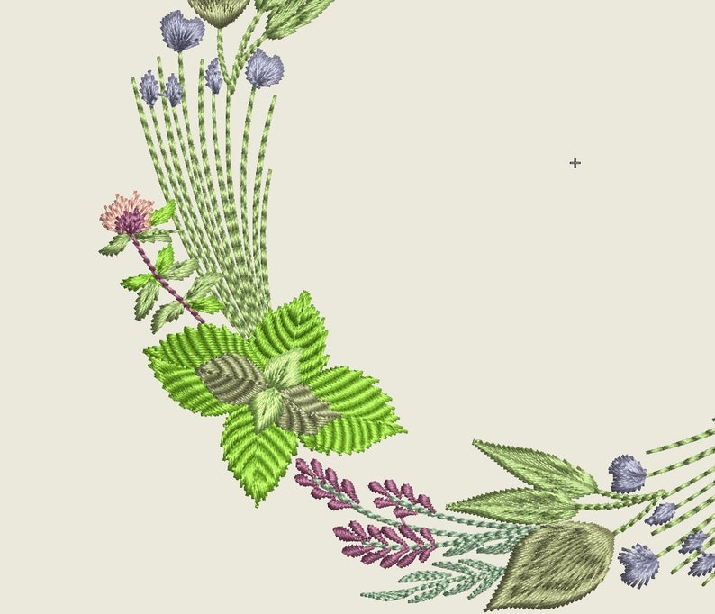 May include: Embroidered design featuring a wreath of green leaves, purple flowers, and pink clover blossoms.