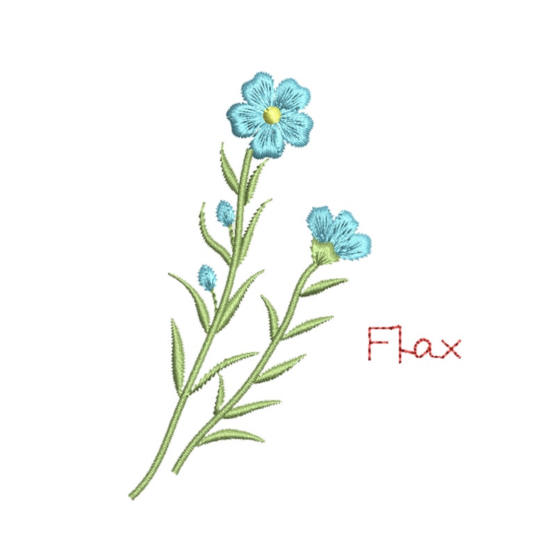 Puede incluir: Ilustraci&oacute;n bordada de una planta de lino con flores azules y hojas verdes. La palabra "Lino" est&aacute; bordada en rojo debajo de la planta.
