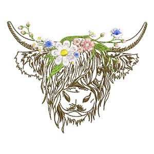 Happy Highland Cow Machine Embroidery Design, Easter Bohemian Summer Flower Spring Floral Farm Animal Instant Download ZIP- ANY SIZE