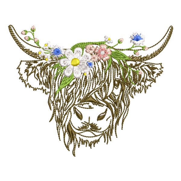 Glückliche Highland Kuh Stickdatei, Ostern Boho Sommer Blume Frühling Blumen Bauernhof Tiere Instant Download ZIP- BELIEBIGE GRÖßE