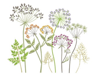 May include: Embroidered design of a bouquet of wildflowers in various shades of green, purple, orange, and gray. The flowers are stylized and have a delicate, whimsical look.