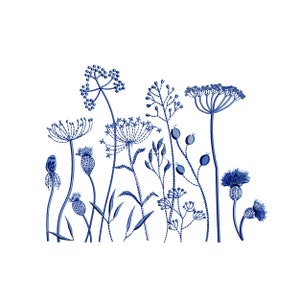 Chinoiserie Wiese Blume Kraut Maschinenstickerei, Floral Botanischer Garten Muster Instant Download ZIP - 5 Größen