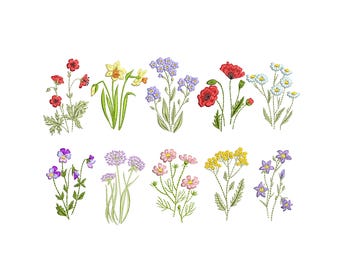 10 Flower Machine Embroidery Designs, Wildflower Pattern Instant Download Zip - 7 sizes