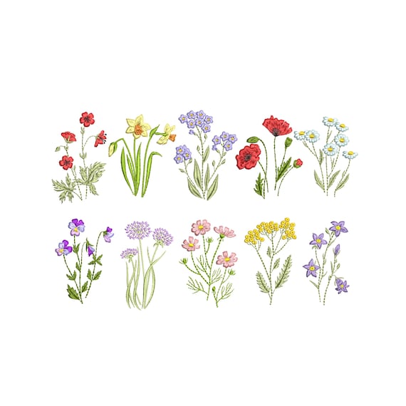 10 Flower Machine Embroidery Designs, Wildflower Pattern Instant Download Zip - 7 sizes