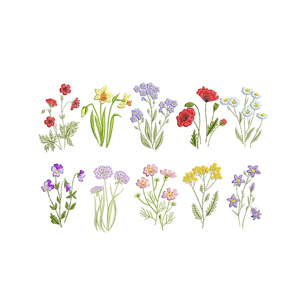 10 Flower Machine Embroidery Designs, Wildflower Pattern Instant Download Zip - 7 sizes