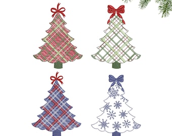 Op de afbeelding: Vier geborduurde kerstboomontwerpen. Twee bomen zijn rood-groen geruit, één is blauw-rood geruit en één is wit met blauwe sneeuwvlokken.