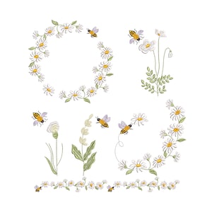 Puede incluir: Diseño bordado con margaritas blancas y abejas. El diseño incluye una corona, una flor única, un borde y una abeja volando alrededor de una margarita.