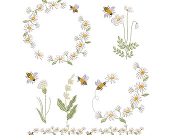 Bee and Camomile Flower Machine Embroidery Design: Wildflower Bundle (Digital Download 5 sizes)