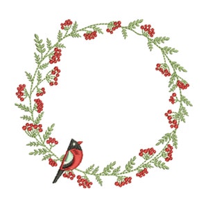 Winter Holly Holiday Christmas Wreath Bird Machine Embroidery design 4x4 inch hoop - Monogram frame