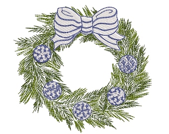 May include: A green Christmas wreath with a white bow and blue ornaments. The wreath is made of pine branches and has a rustic look.
