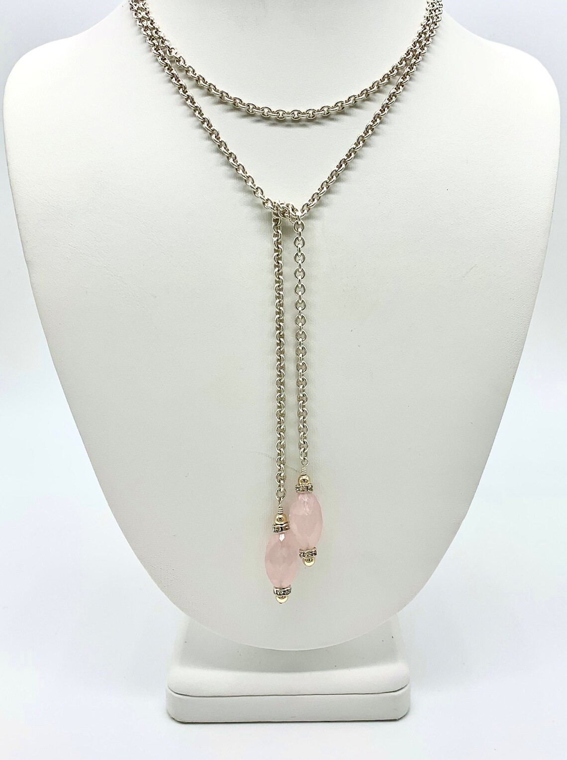 Sterling Silver Lariat Necklace With Pink Quartz Faceted Oval Gemstones