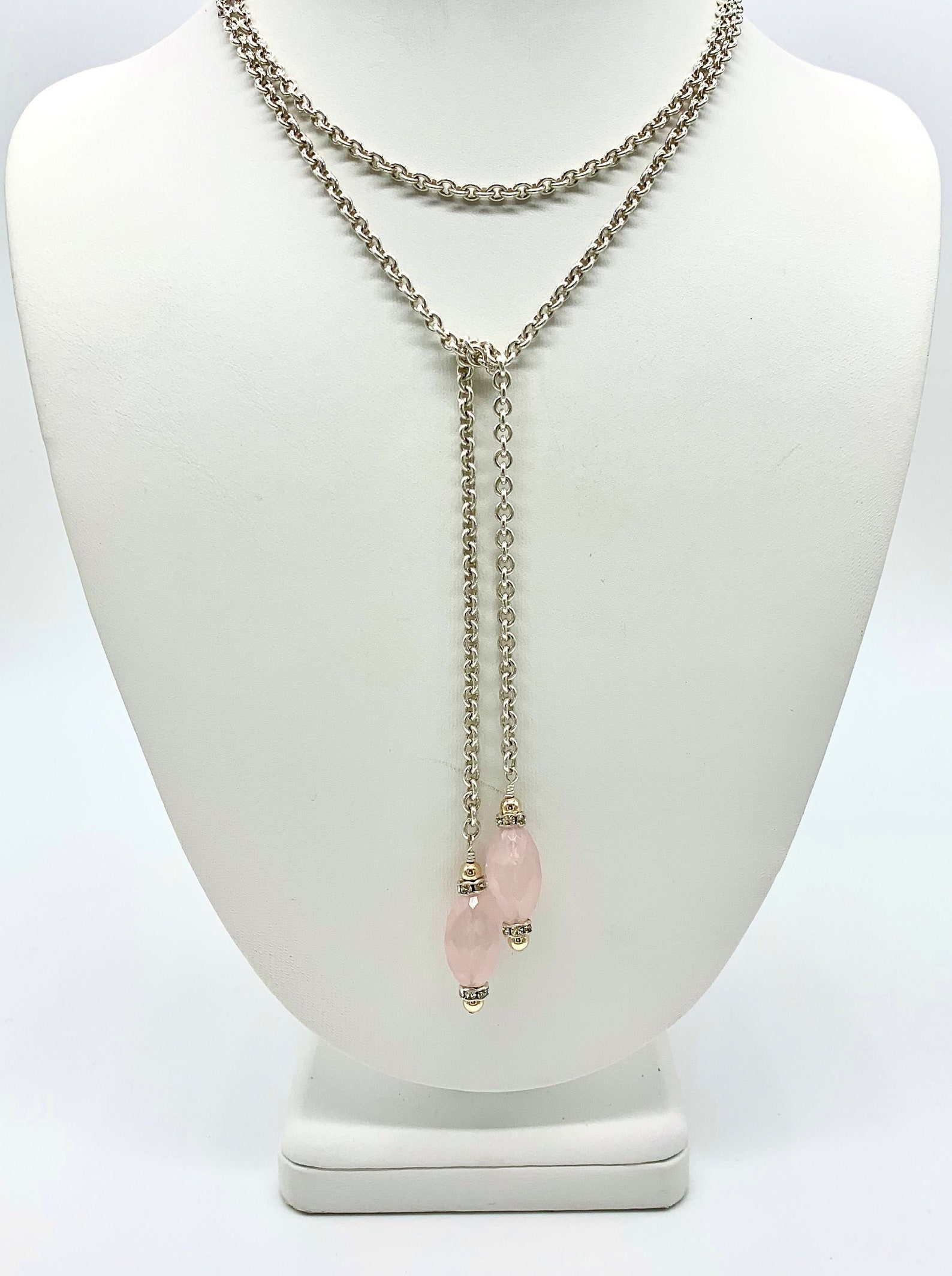 Sterling Silver Lariat Necklace With Pink Quartz Faceted Oval Gemstones