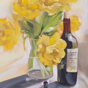 Original Still Life of Yellow Flowers & Red Wine, fine art, kitchen art, original oil painting, Sacramento artist
