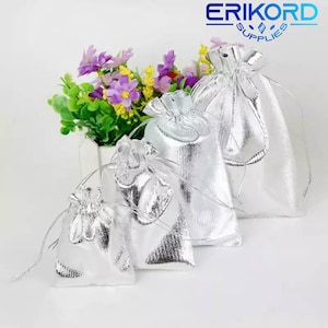 Frete grátis! 50 pçs/lote folha de prata saco de organza doces sacos de presente 4 tamanho festa de casamento favor bolsa decoração de natal sacos de embalagem diy