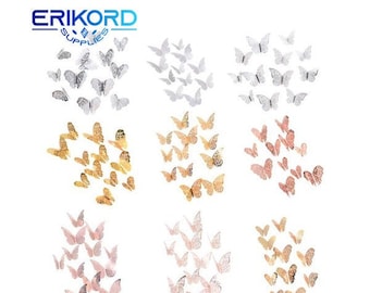 12Pc Beautiful Rose Gold Silver 3D Hollow Butterfly Wall Sticker For Wedding Birthday Party Home Kids Room Decoration Wall Decal