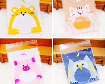 100pcs Cute Animals Cookie Candy Gift Bag Self Adhesive Plastic Bags Wedding Favor Bag Birthday Party Biscuits Snack Baking Packaging Bag