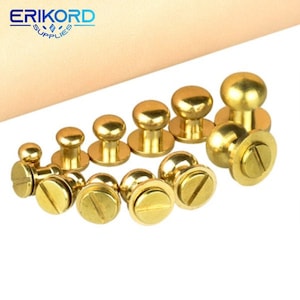 Könnte beinhalten: Ein Satz von 10 goldfarbenen Schraubnieten aus Metall in verschiedenen Größen. Die Nieten haben einen runden Kopf und eine flache Basis mit einem Schraubloch. Die Nieten sind in einem Halbkreis auf einer hellbraunen Oberfläche angeordnet.