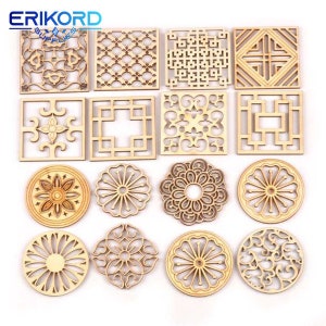 Paquete de 5 piezas de decoración de madera sin terminar con patrón cuadrado redondo para manualidades, álbum de recortes, decoración para fiesta en casa, adornos de madera hechos a mano