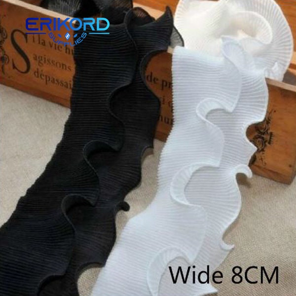 8CM Wide White Black Pleated Chiffon Elastic Lace Ruffle Trim Ribbon 3D Flowers Dress Collar Applique Guipure Sewing DIY Crafts