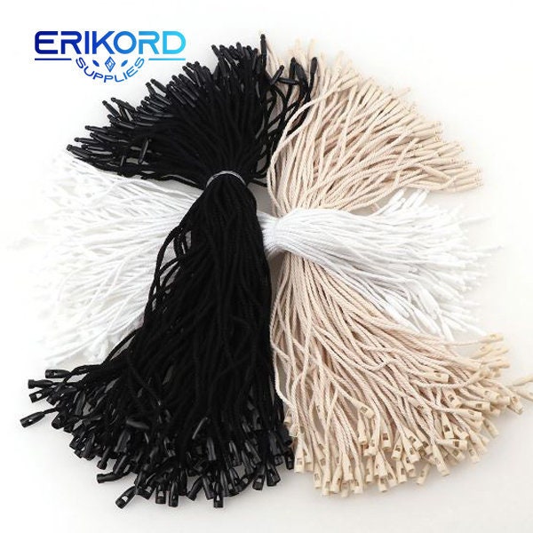 100pc Plastic Tag White Beige Black Hang Tag Polyester Rope String Snap Lock Pin Loop Tie Fasteners Washable Shoes Garment Labels