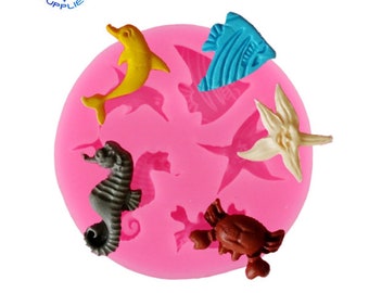 Dolphin Crab Fish Seahorse Starfish Silicone Mold for Fondant Crafts Chocolate Gum Paste Sea Creatures