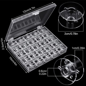 May include: A clear plastic storage box with 36 compartments for storing small sewing bobbins. The box measures 4 inches by 4 inches by 1 inch. Two additional clear plastic bobbins are shown separately.
