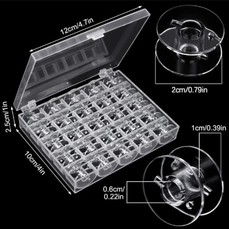 May include: A clear plastic storage box with 36 compartments for storing small sewing bobbins. The box measures 4 inches by 4 inches by 1 inch. Two additional clear plastic bobbins are shown separately.