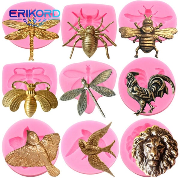 3D Dragonfly Birds Lion Silicone Molds Insect Bee Chocolate Candy Candles Mold DIY Craft Epoxy Resin Mold Fondant Cake Decorating Tools