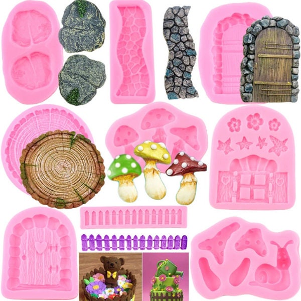 3D Fairy Garden Gnome Home Door Window Silicone Molds Flower Leaf Mushroom Fondant Cake Decorating Cupcake Candy Chocolate Mould Cake Tools