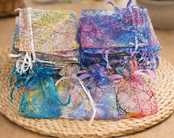 Bolsas de organza arcoíris de 25, 50 y 100 unidades, con cordón de satén, para fiestas, joyas, con estampado de aluminio.