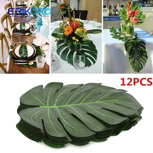 Artificial Tropical Palm Leaves Plant Hawaiian Luau Aloha Summer Jungle Theme Party Decoration Wedding Birthday Home Table Decor Table Ware