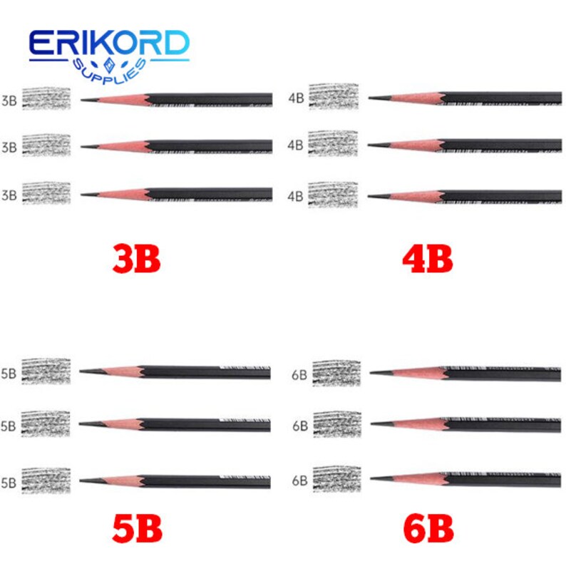 May include: A set of 12 black graphite pencils with varying degrees of hardness, ranging from 3B to 6B. Each pencil is shown with a sample of its mark, demonstrating the different shades of gray it can produce.